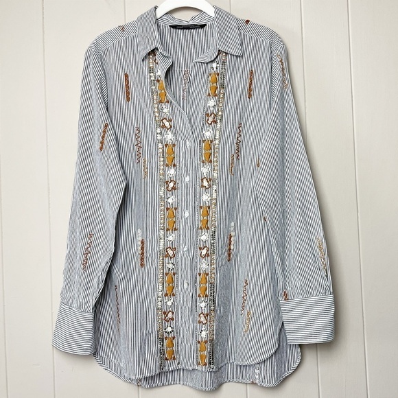 Zara Woman button front shirt blouse top striped boho embroidered beaded neutral - Picture 12 of 12